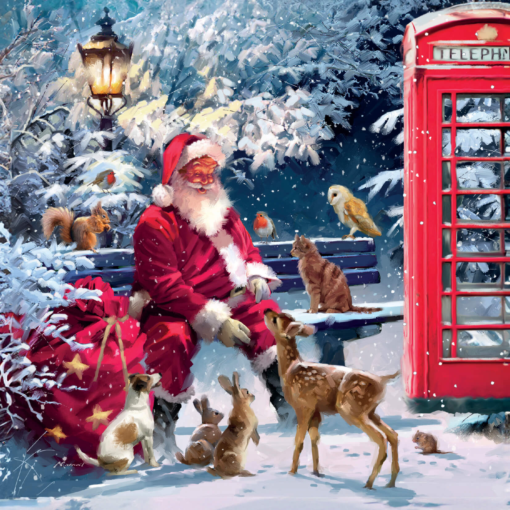 Christmas card showing a snowman with a red scarf opening a garden gate for dogs and cats with a red telephone box in the background